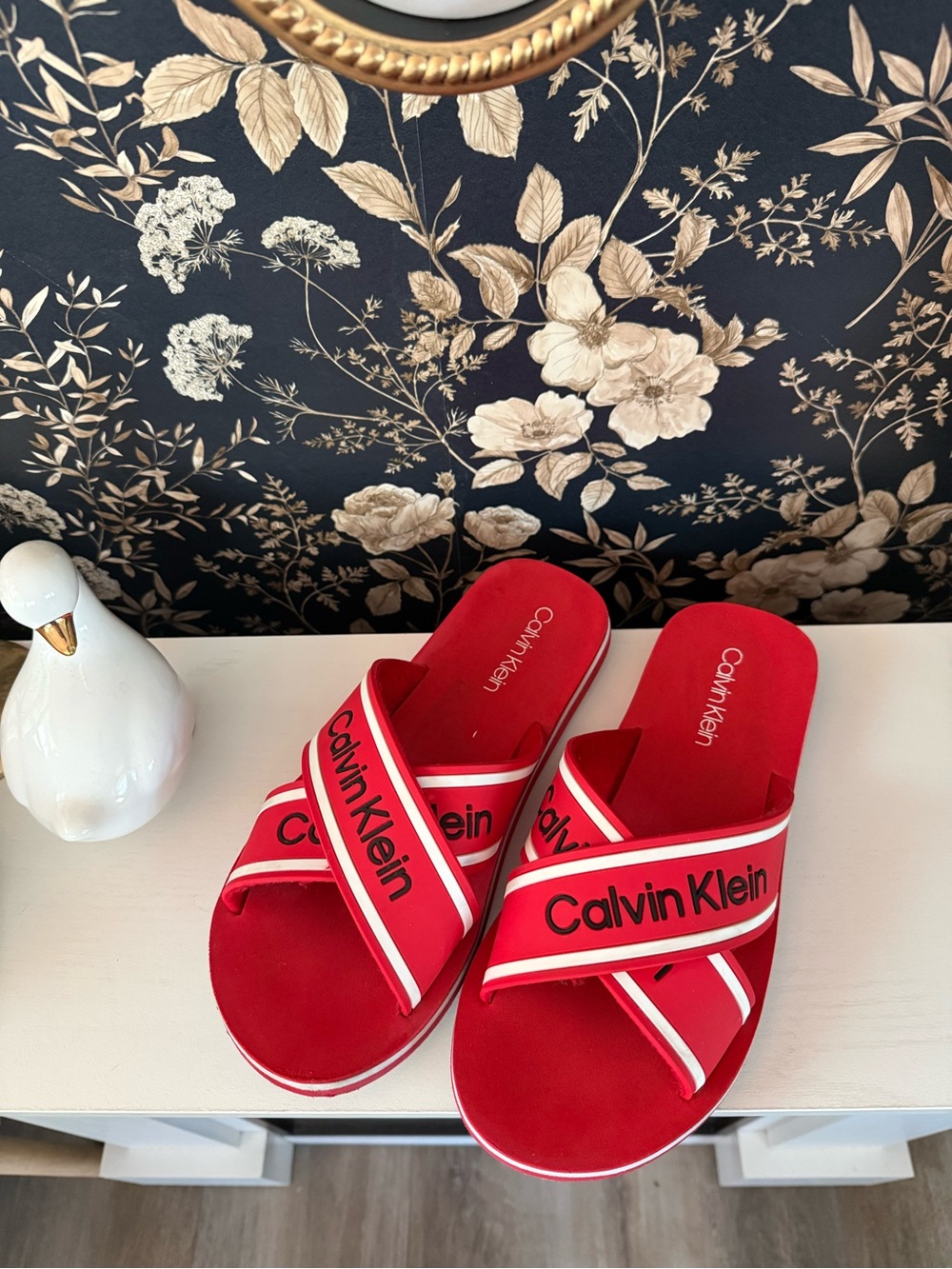 Calvin Klein Red and White Logo Cross-Strap Sandals